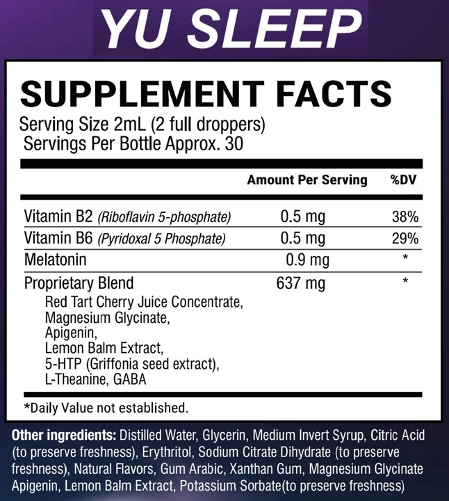 Yu Sleep complete nutritional supplement facts label showing ingredients